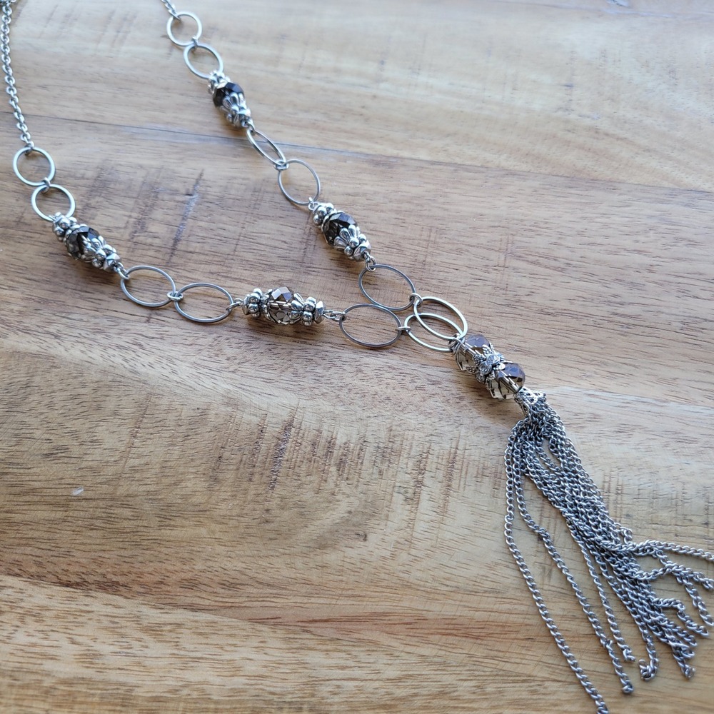 Elegant Silver Tassel Necklace with Smoky Crystal‎ Accents for Women